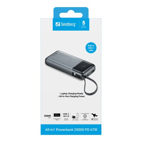 Sandberg All-in1 Powerbank 20000 PD 67W prenosna baterija Slike