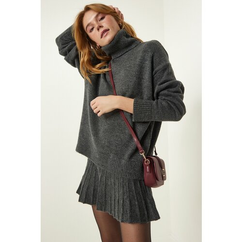 Happiness İstanbul Women's Dark Gray Turtleneck Sweater Skirt Knitwear Suit Slike