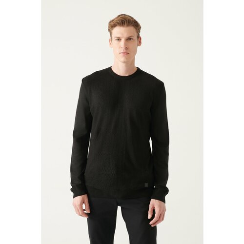 Avva Men's Black Crew Neck Herringbone Patterned Standard Fit Normal Cut Knitwear Sweater Slike