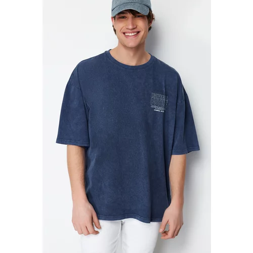 Trendyol Indigo Men's Oversize/Wide Cut Vintage/Faded Effect Text Printed 100% Cotton Short Sleeve T-Shirt