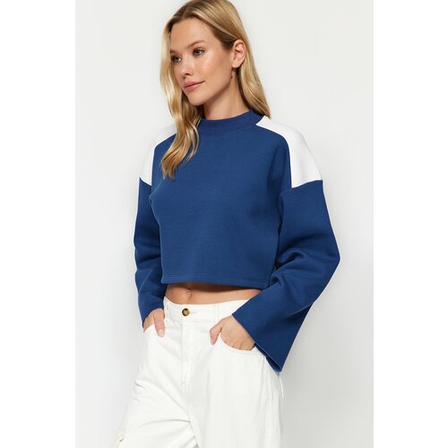Trendyol Indigo Thick Fleece Interior Color Block Comfort Cut Crop Knitted Sweatshirt Slike