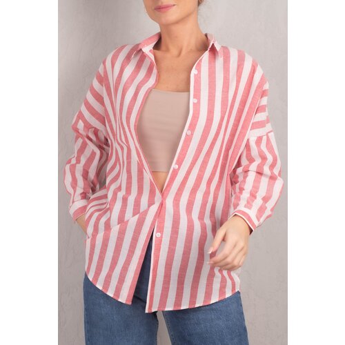 armonika Women's Red Striped Oversize Long Basic Shirt Slike