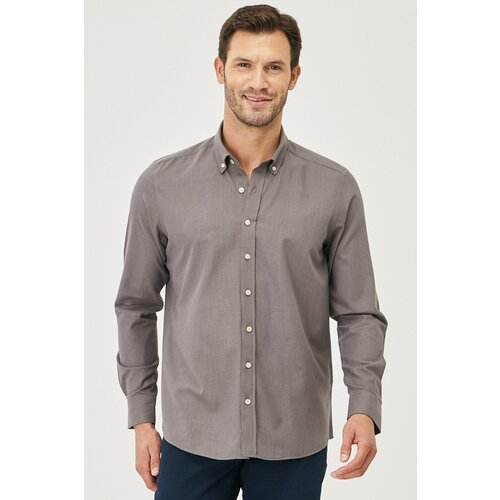 AC&Co / Altınyıldız Classics Men's Anthracite Tailored Slim Fit Oxford Buttoned Collar Linen-Looking 100% Cotton Flared Shirt. Slike