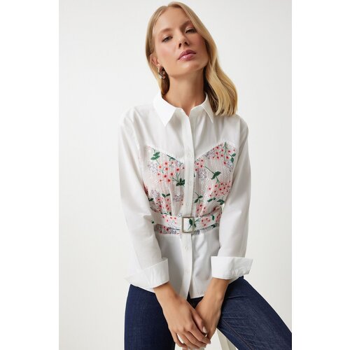  Women's Ecru Pink Floral Embroidery Detailed Woven Shirt Cene