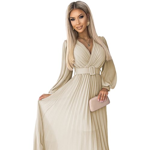 Numoco Pleated dress with belt and neckline Slike