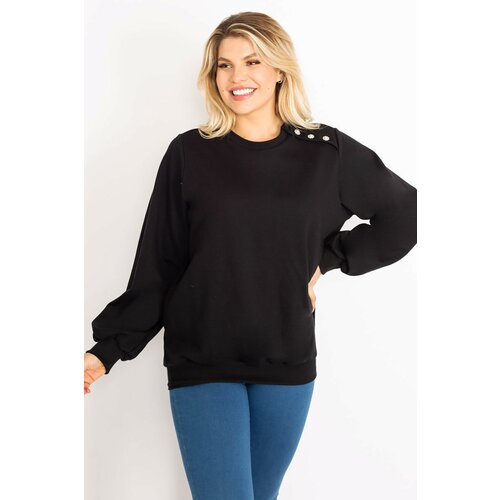 Şans Women's Plus Size Black Shoulder Stone Detailed Inner Raising Sweatshirt Slike