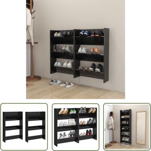 The Living Store Stenska omara za čevlje 2 kosa visok sijaj črna 60x18x90 cm - Stenska Omarica Za Čevlje, (21744643) Cene