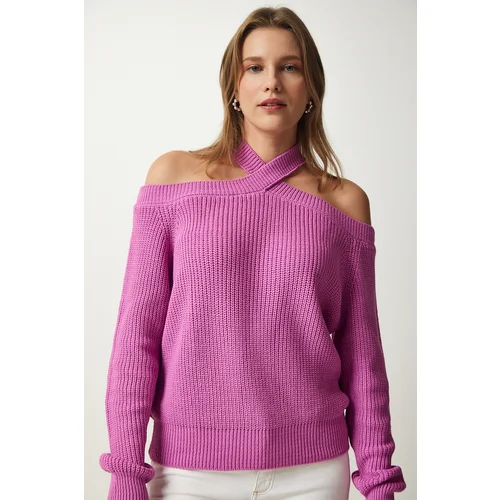  Women's Lilac Open Shoulders Knitwear Sweater