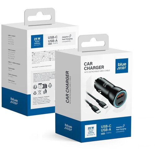 Blue Star 25W USB in USB C Power Delivery avtomobilski polnilnik + 60W kabel USB C, Črna, (5000070131) Cene