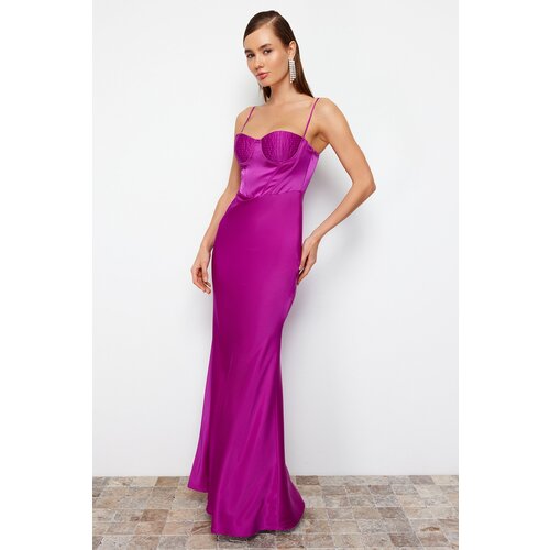 Trendyol Fuchsia Body-Sitting Woven Corset Detailed Satin Long Evening Dress Cene