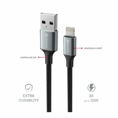 Swissten kabel USB/Lightning TEXTILE II, 3A, 480 Mb/s, 1,5m crno-sivi Cijene