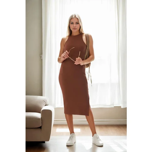 Dewberry 19115 Midi Length Pencil Formed Women Dress-COFFEE