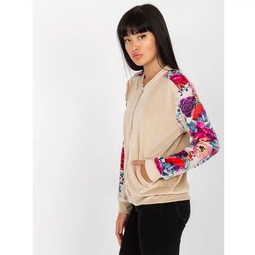 Fashion Hunters Beige velor bomber sweatshirt with RUE PARIS prints
