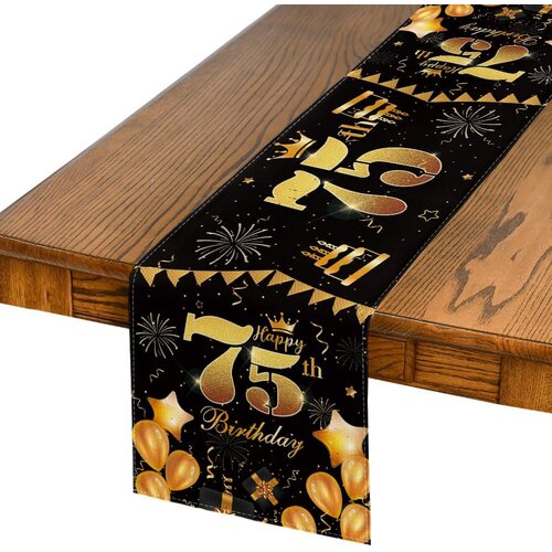 NIKCORP Namizni tekač za 75. rojstni dan črno-zlat 40x140 cm | Dekoracija za mizo, pralni poliester, za&amp;scaron;čita mize za zabavo, (5000248163) Slike