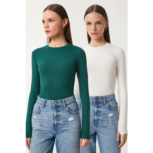 Happiness İstanbul Women's Ecru Emerald Green 2-Piece Pack Crew Neck Finger-Slotted Basic Knitted Blouse