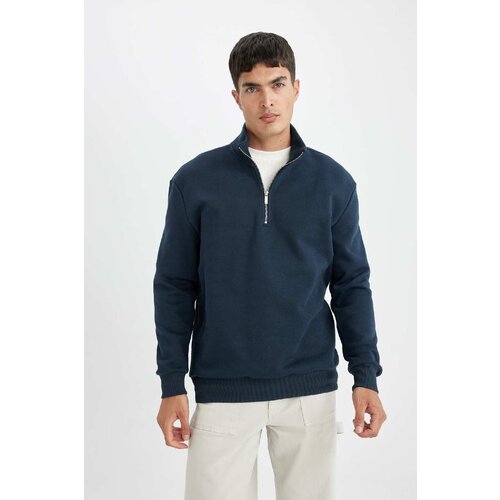 Defacto Men's Navy Blue Comfort Fit Stand Collar Zippered Thick Basic Plain Sweatshirt Slike