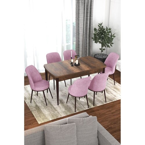 Hanah home trpezarijski set Via, sto na razvlačenje i 6 stolica, ploča u dekoru drveta Baroque, roze tkanina Jerry Cene