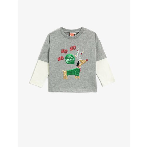 Koton Christmas Themed Long Sleeve T-Shirt with Sequin Embroidered Crew Neck. Cene