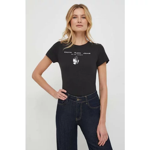 Calvin Klein Jeans Bombažna kratka majica ženski, črna barva