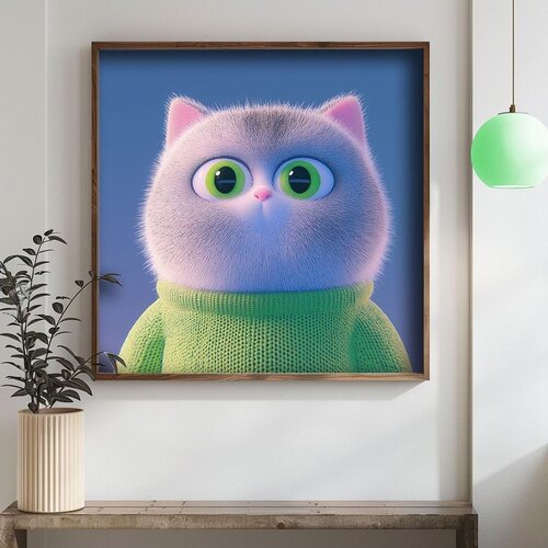 Wallxpert uramljena mdf slika DOS071-70, čupava ljubičasta mačka u zelenom džemperu, 70 x 70 cm Cene