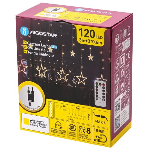 Aigostar led spolja&amp;scaron;nji božićni niz 120xLED/6W/230V/8 funkcija 3x0,6m IP44 topla bela+daljinski upravljač Slike
