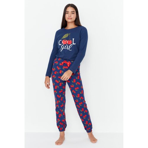 Trendyol Navy Blue Cherry Printed Knitted Pajamas Set Slike