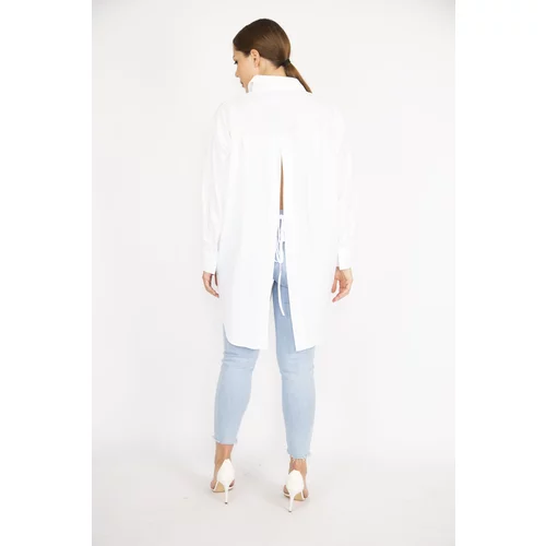 Şans Women's Plus Size White Back Slit And Lace Detail Front Buttoned Shirt