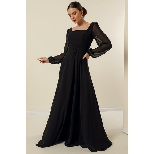 By Saygı Lined Chiffon Long Evening Dress with a Square Neck Waist and Belted Belt. Slike