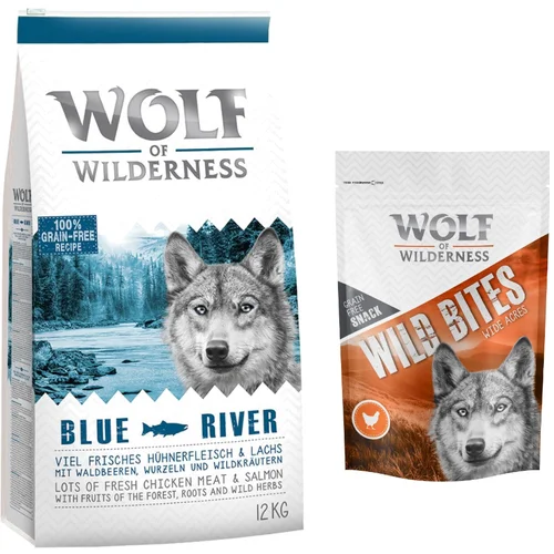 Wolf of Wilderness 12 kg suhe hrane + Snack gratis! - Blue River - losos + Wide Acres - piščanec (monoprotein)