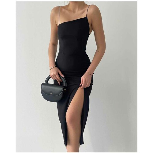 Laluvia Black Thin Straps Front Asymmetric Cut Slit Dress Slike