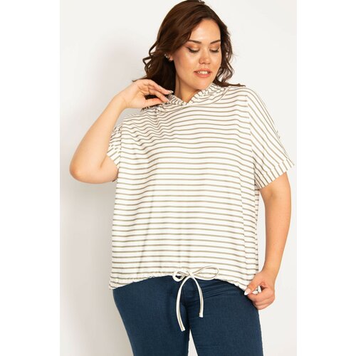 Şans Women's Plus Size Khaki Hooded Striped Sweatshirt Slike