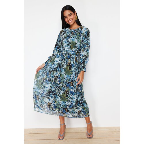 Trendyol Black Blue Floral Sash Detailed Woven Dress Slike