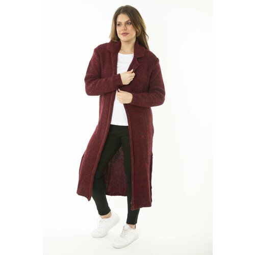 Şans Women's Plus Size Claret Red Long Sleeve Knitwear Long Cardigan with Slit Slike