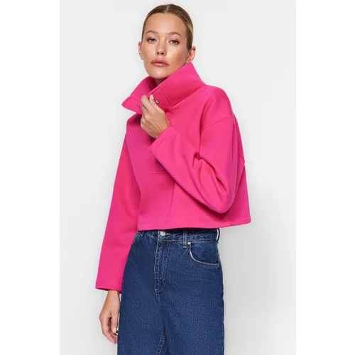 Trendyol Fuchsia, Relaxed-Cut Crop Stand-Up Collar Snap fasteners, Fleece Inside, Knitted Sweatshirt
