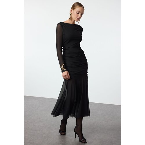 Trendyol Black Bodycon Tulle Knit Dress Slike