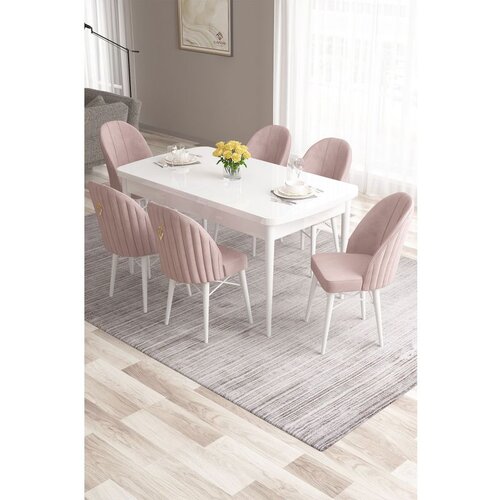 Hanah home Roz - White, Pink WhitePink Extendable Dining Table & Chairs Set (7 Pieces) Cene