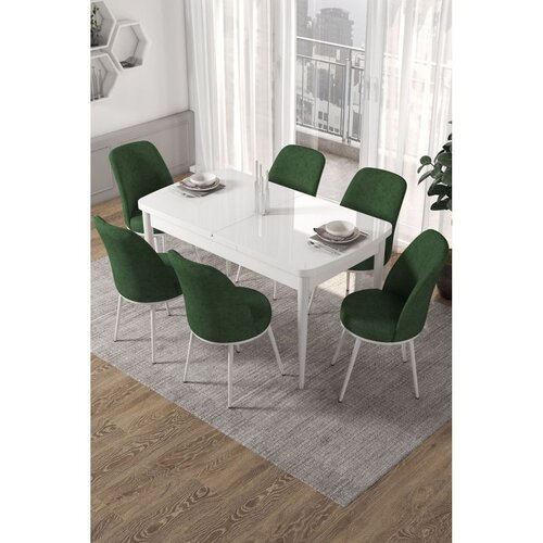Hanah home trpezarijski set Via, sto na razvlačenje i 6 stolica, bela ploča, kaki zelena tkanina Jerry Cene