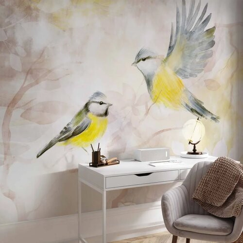  Foto tapeta - Painted tits - bird motif with patterns in yellow and beige tones 300x210 Standard Slike