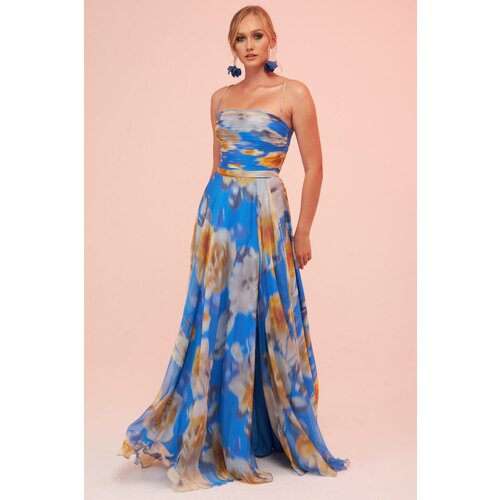 Carmen Blue Strap Slit Printed Evening Dress Cene