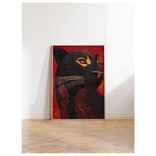 Wallxpert uramljena slika 115267, crni panter u crveno-crnim tonovima, 30 x 40 cm, ram u boji prirodnog drveta Slike