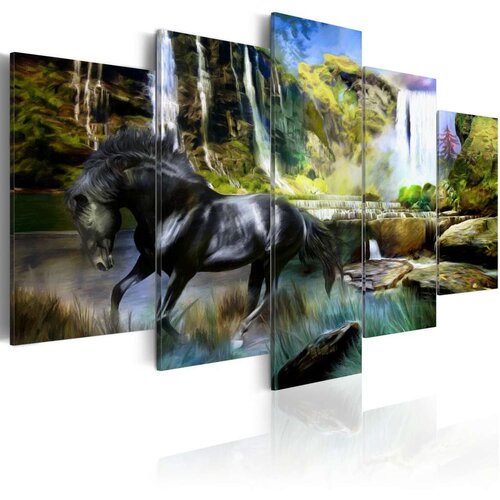  Slika - Black horse on the background of paradise waterfall 100x50 Cijene