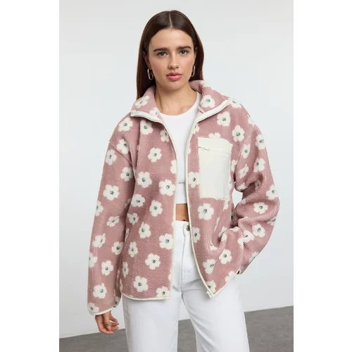 Trendyol Winter Essentials Floral Printed Thick Fleece Zipper Stand Collar Pocket Knitted Sweatshirt