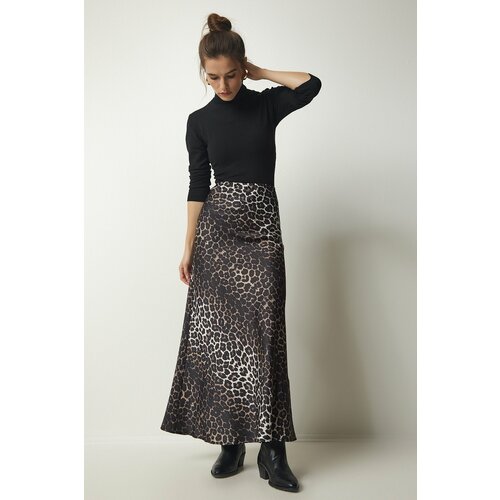 Happiness İstanbul Women's Black Leopard Patterned Maxi Satin Skirt Slike