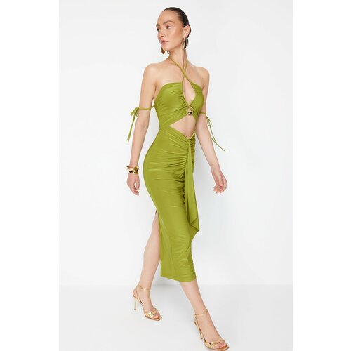 Trendyol x zeynep tosun oil green elegant evening dress with knitted window and accessory detail Cene