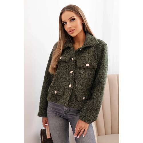 Kesi Włoski Women's jacket with wool in a fluffy texture and decorative buttons khaki Cene