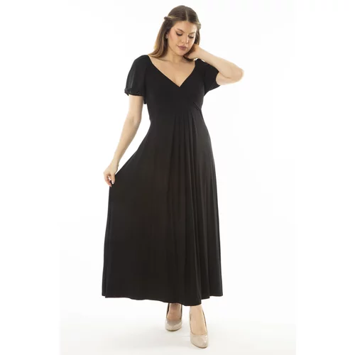 Şans Women's Plus Size Black Wrapover Collar Sleeve Elastic Detailed Long Dress