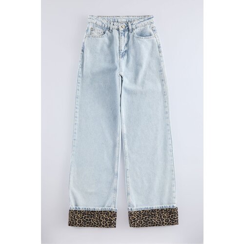 Trendyol light Blue Leopard Patterned Folded Hem High Waist Wide Leg Jeans Slike