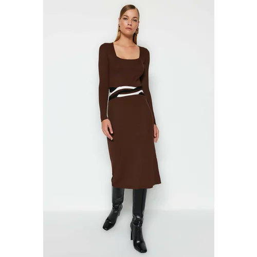 Trendyol Brown Midi Knitwear Square Collar Dress