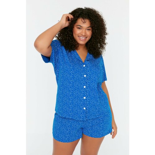 Trendyol Curve Plus Size Pajama Set - Navy blue - With Slogan Slike