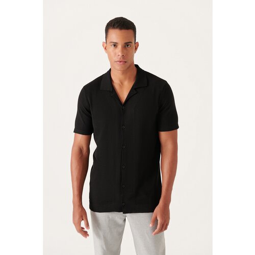 Avva Men's Black Cuban Collar Buttoned Standard Fit Normal Cut Knitwear T-shirt Slike